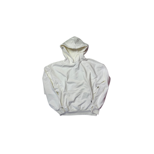 Felpa bianca con cappuccio MO Interchangeable, design minimalista, fondo bianco pulito.